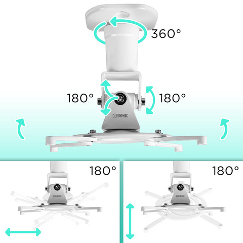 Duronic Projector Mount with arrows demonstrating 360-degree rotation and 180-degree multi-angle tilt adjustments.