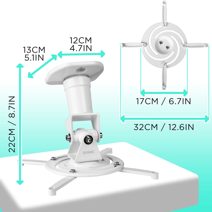 Duronic Projector Mount with dimensions showing height, ceiling plate size, and adjustable arm extension ranges.