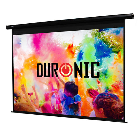 Duronic Projector Screen Electric displaying a vibrant, colorful crowd scene featuring the bold brand name logo.