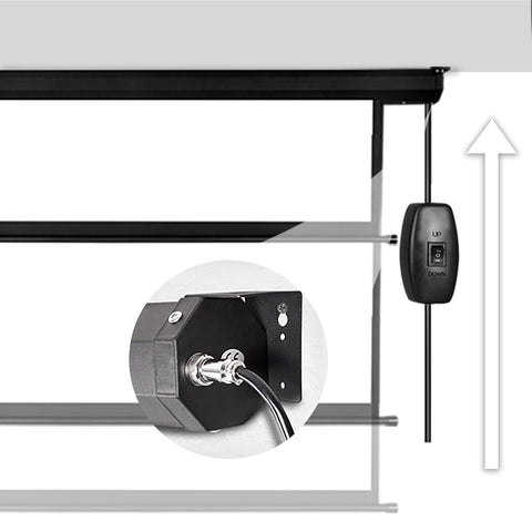 Duronic Projector Screen Electric showing the inline control switch, power cord, and wall mounting bracket.