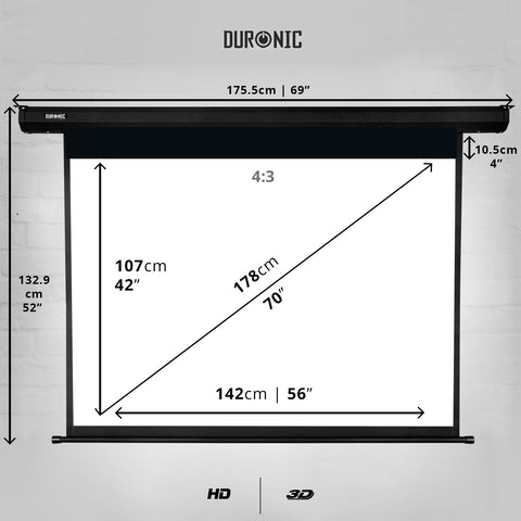 Duronic Projector Screen Electric with dimension diagram showing the 4:3 aspect ratio and exact measurements.