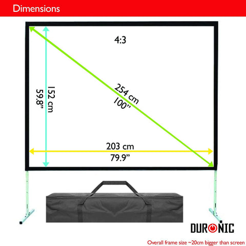 Duronic Projector Screen Fast Fold with a diagram showing dimensions of 203 cm by 152 cm and a black carrying case.