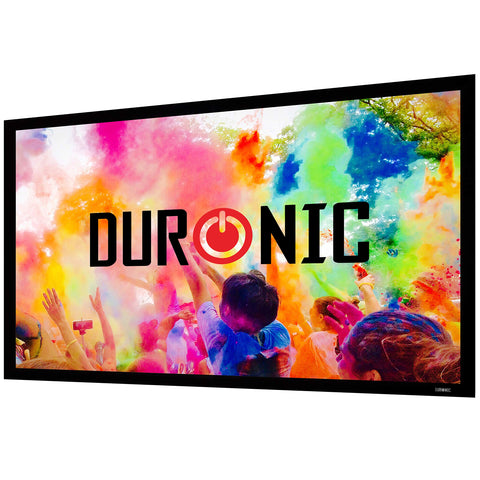 Duronic Projector Screen displaying a colorful crowd explosion scene with a black velvet frame.