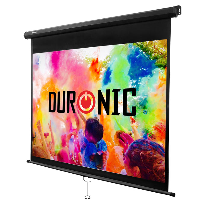 Duronic Projector Screen displaying a vibrant, colorful crowd scene with bold brand text.