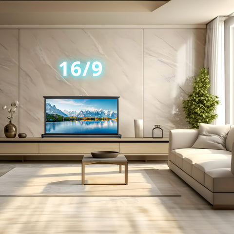 Duronic Projector Screen displaying a vibrant mountain landscape in a modern, minimalist living room.