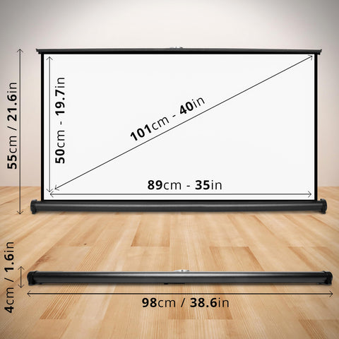 Duronic Projector Screen displaying dimensions for the viewing area (40-inch diagonal) and the compact base (38.6 inches wide) for easy tabletop or floor setup.