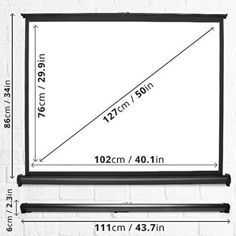 Duronic Projector Screen displaying the full dimensions of a fifty inch portable pull up projector screen.