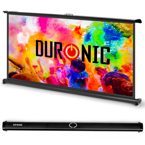 Duronic Projector Screen ffeaturing a vibrant colorful display, shown both fully expanded and retracted into its compact black carrying case.