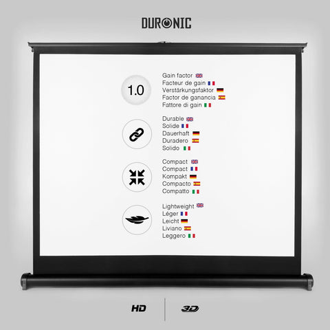 Duronic Projector Screen listing its features: 1.0 gain factor, durable, compact, and lightweight.