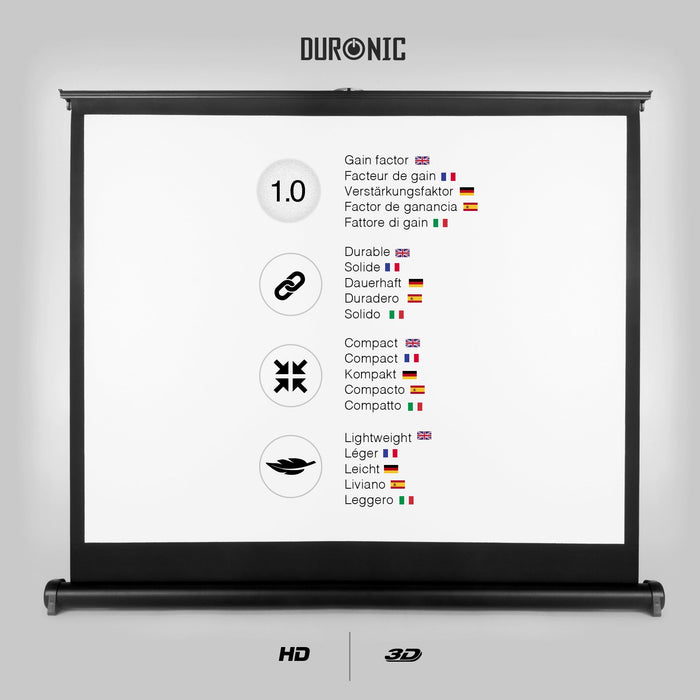 Duronic Projector Screen listing its features: 1.0 gain factor, durable, compact, and lightweight.
