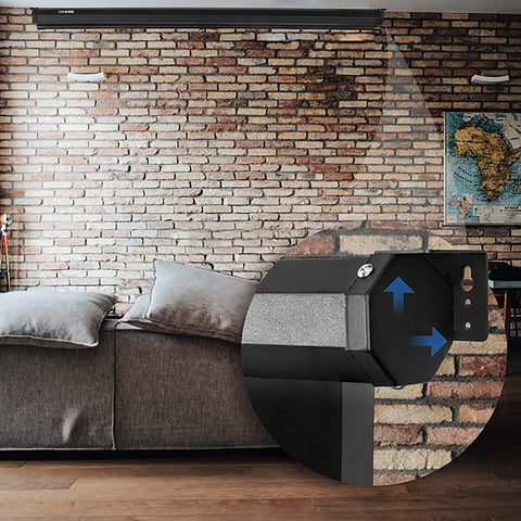 Duronic Projector Screen mounted on a brick wall with inset showing bracket installation details.