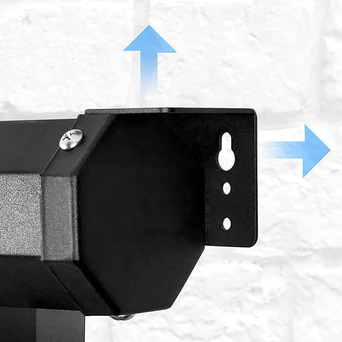 Duronic Projector Screen on a white brick wall showing vertical and horizontal installation direction arrows.