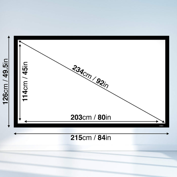 Duronic Projector Screen showing 92-inch diagonal viewable area with a black frame.