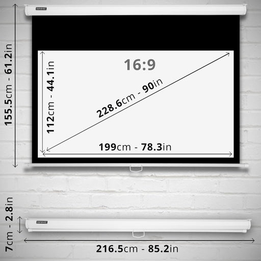 Duronic Projector Screen showing a 16:9 aspect ratio, overall unit width of 216.5cm, and total extended height of 155.5cm.