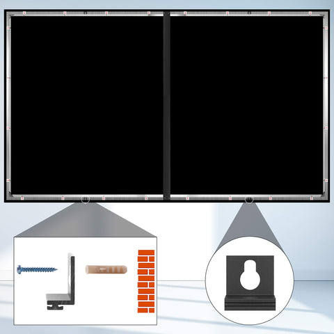 Duronic Projector Screen showing hardware, drywall anchor, brick installation, and keyhole slot design.