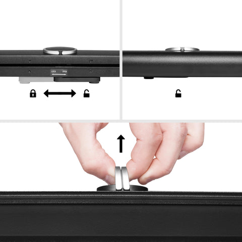 Duronic Projector Screen showing how to unlock and open a device by sliding the bottom latch to the right and lifting the silver top handle.