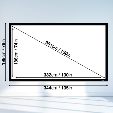 Duronic Projector Screen showing inner viewing area and outer frame measurements.