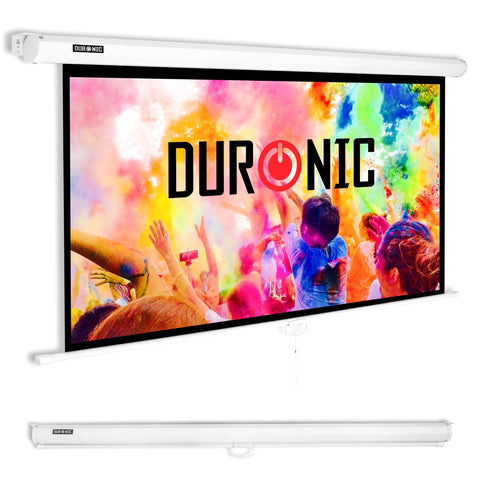 Duronic Projector Screen shown both fully extended with a vibrant color display and retracted in its sleek wall-mountable housing.