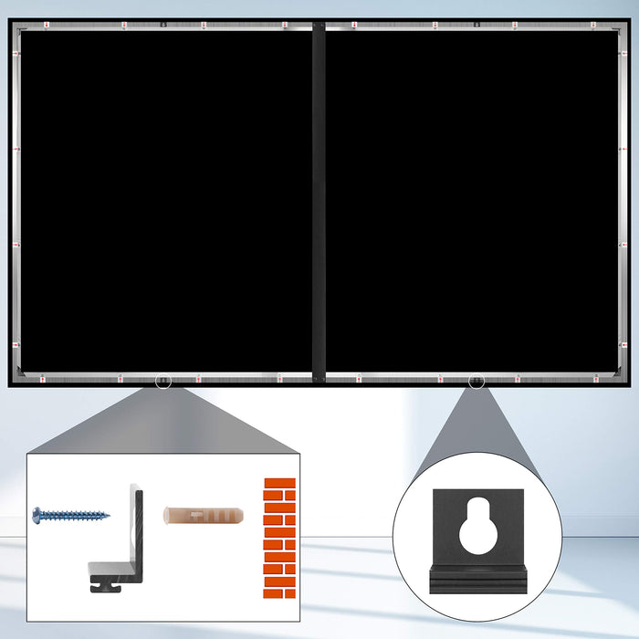 Duronic Projector Screen shown with wall mounting brackets, screws, wall anchors, and brick wall.