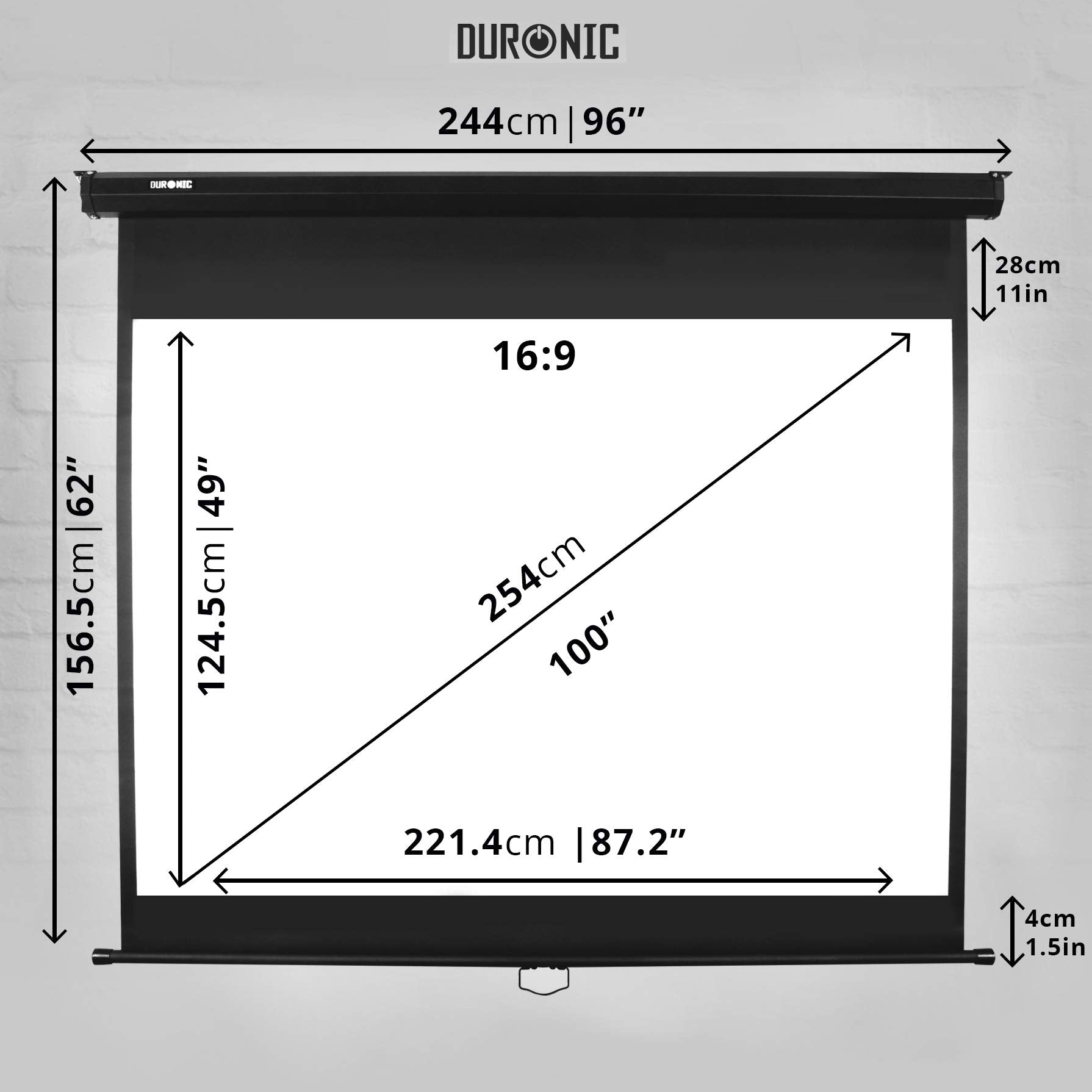 Duronic Projector Screen size and dimensions diagram showing width and height measurements.