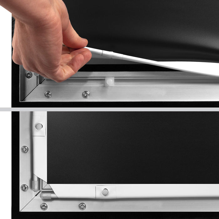 Duronic Projector Screen with A hand pulls back a projector screen material to show the inner frame and tension pegs.
