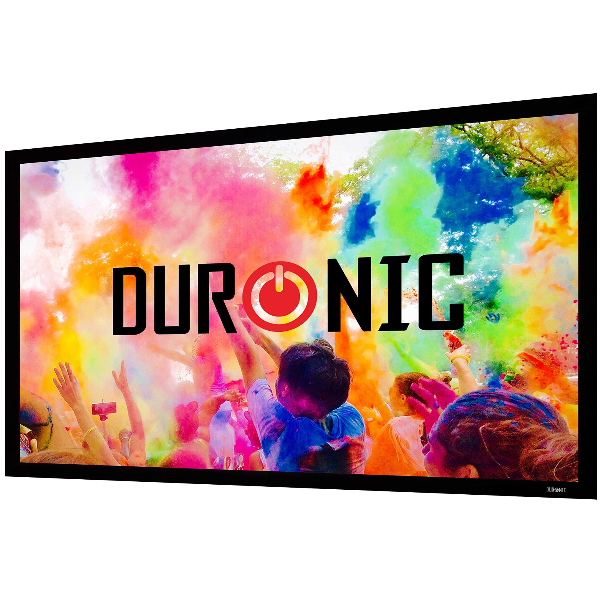 Duronic Projector Screen with a black frame displaying a vibrant, colorful crowd scene with text.