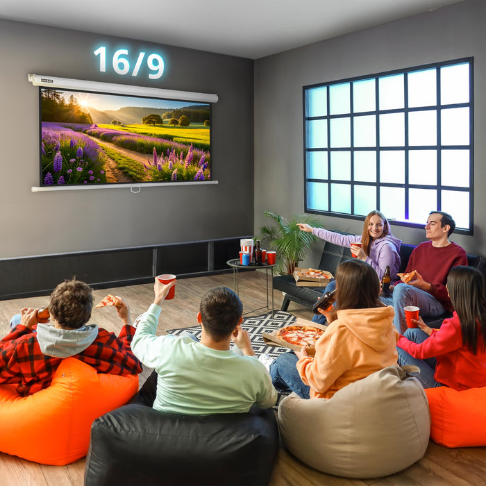 Duronic Projector Screen with a group of friends enjoys a movie night in a cozy living room