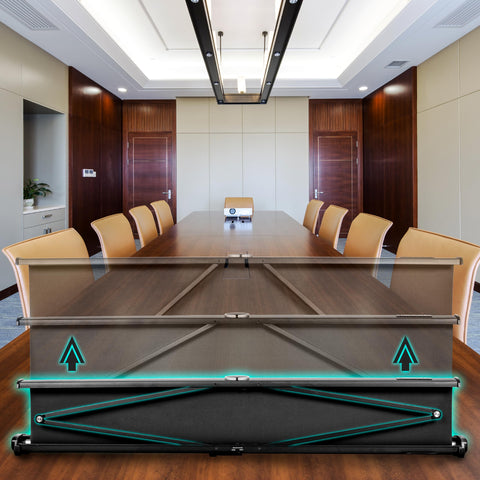 Duronic Projector Screen with a pneumatic scissor-back design is shown being easily extended upward on a conference room table.