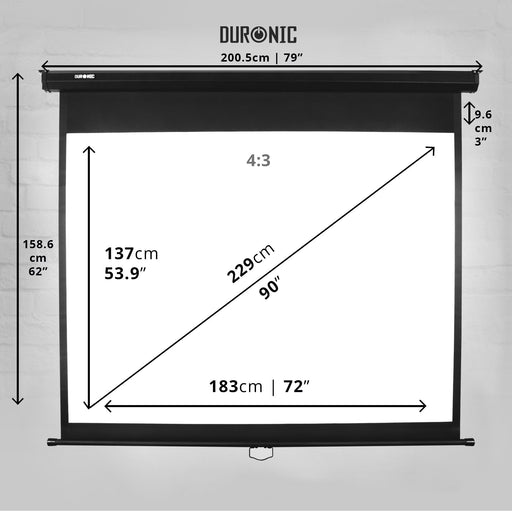 Duronic Projector Screen with dimensions diagram displaying 4:3 aspect ratio and detailed product size measurements.