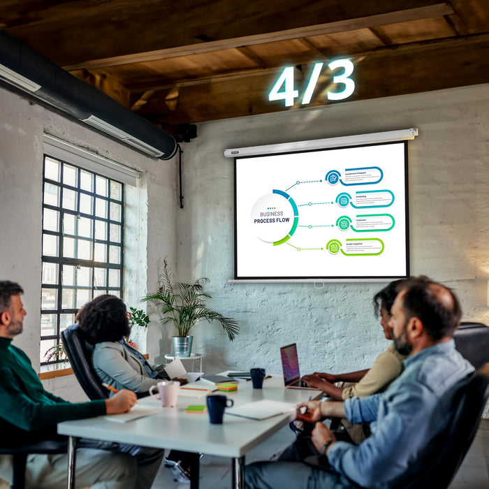 Duronic Projector Screen with professionals viewing a 4:3 aspect ratio business process flow presentation.
