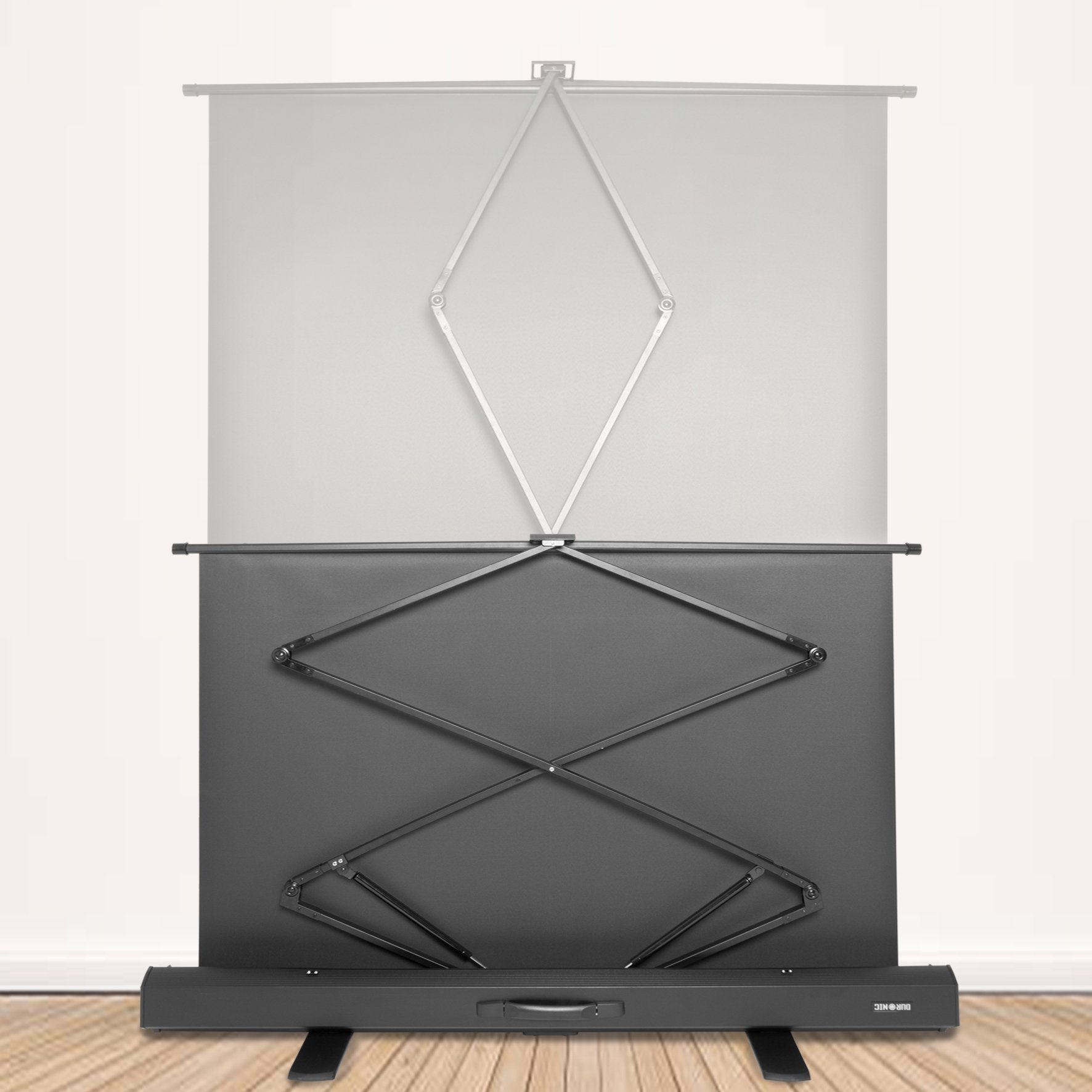 Duronic Projector Screen with scissor-back support frame, showing white upper and black lower sections.