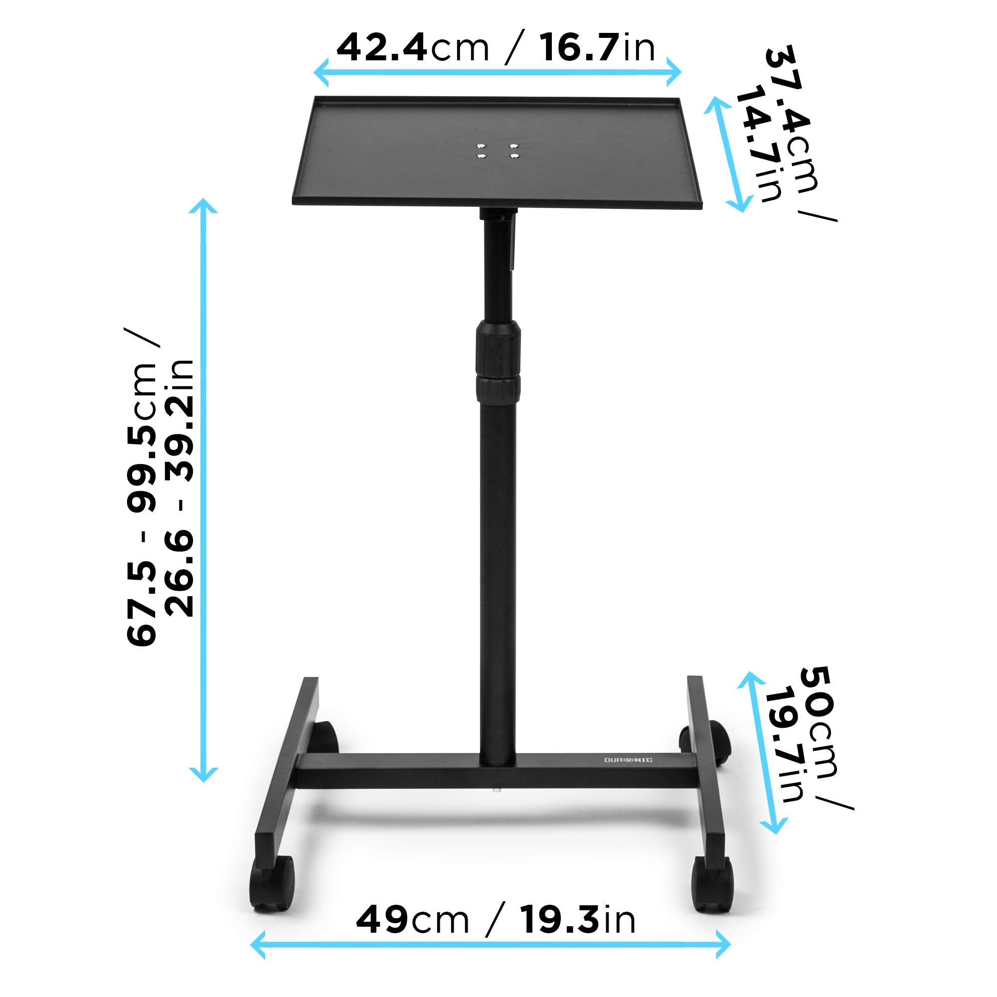 Duronic Projector Stand with a black tray, central pole, and H-shaped wheeled base.