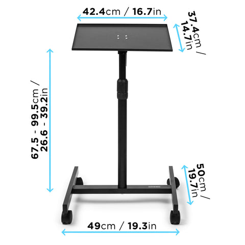 Duronic Projector Stand with a black tray, central pole, and H-shaped wheeled base.