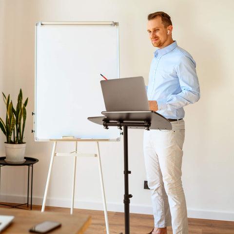 Duronic Projector Stand with a laptop, tripod, and whiteboard.