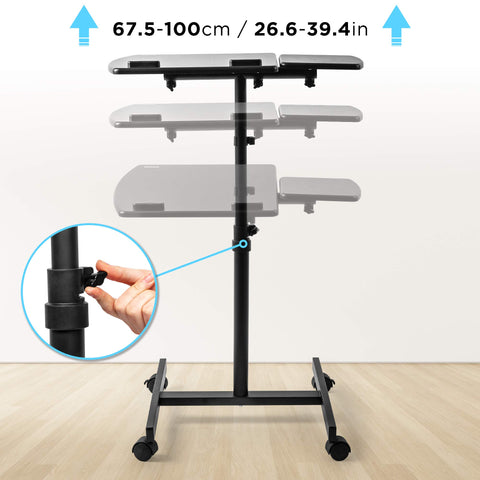 Duronic Projector Stand with height range of 26.6 to 39.4 inches and locking knob.