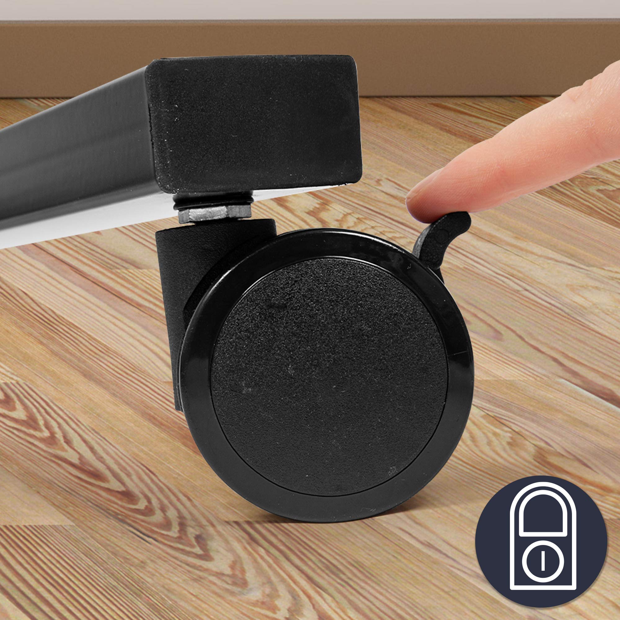 Duronic Projector Stand with lock lever being pressed by a finger on wooden floor.