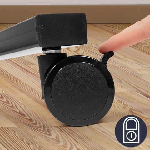 Duronic Projector Stand with lock lever being pressed by a finger on wooden floor.