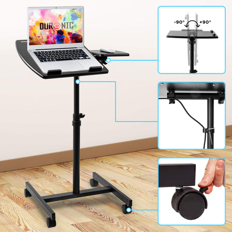 Duronic Projector Stand with tilting tray, side mouse platform, and lockable caster wheels.