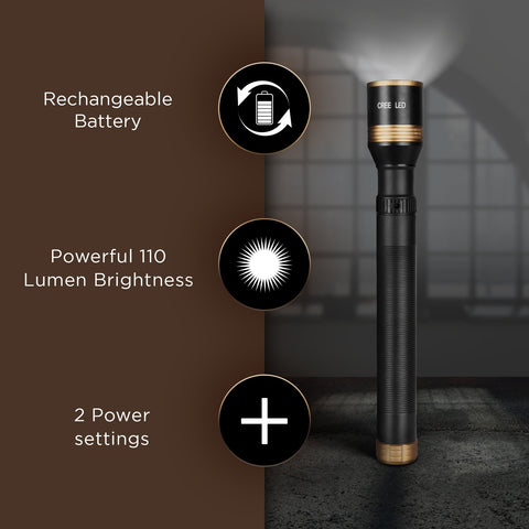 Duronic Rechargeable Torch Flashlight featuring 110-lumen brightness, two power settings, and gold-trimmed accents.