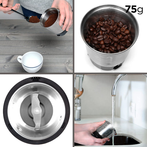 Duronic Replacement Grinding Cup with 75g capacity, showing grinding beans, blades, and easy cleaning.
