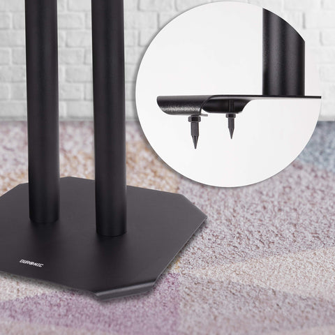 Duronic SPS1022-40 Speaker Stand close-up of a matte black Duronic speaker stand base, featuring a zoomed-in view of the adjustable metal floor spikes designed for stability on carpeted surfaces.