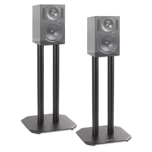 Duronic SPS1022-40 Speaker Stand pair of sleek, matte black dual-column speaker stands supporting grey professional studio monitors on hexagonal bases.