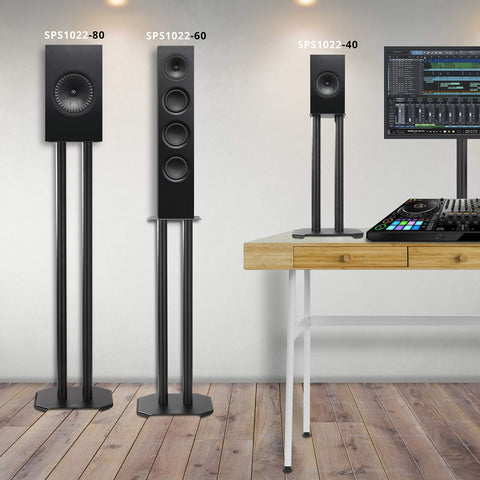 Duronic SPS1022-40 Speaker Stand three different heights (80cm, 60cm, and 40cm) showcasing their use with various studio monitors and a DJ workstation.
