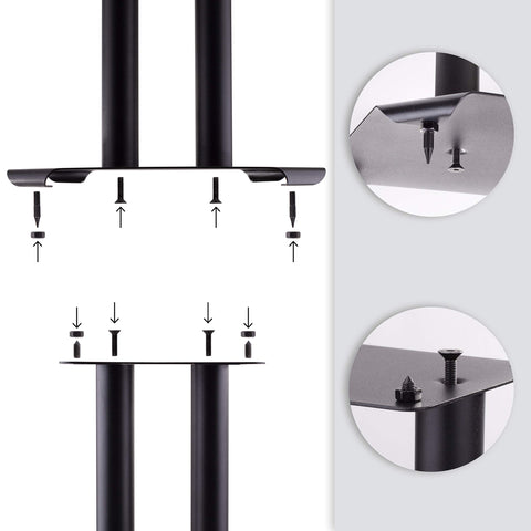 Duronic SPS1022-40 Speaker Stand with assembly diagram for a black metal speaker stand showing the installation of floor spikes, nuts, and mounting screws into the top and bottom plates.