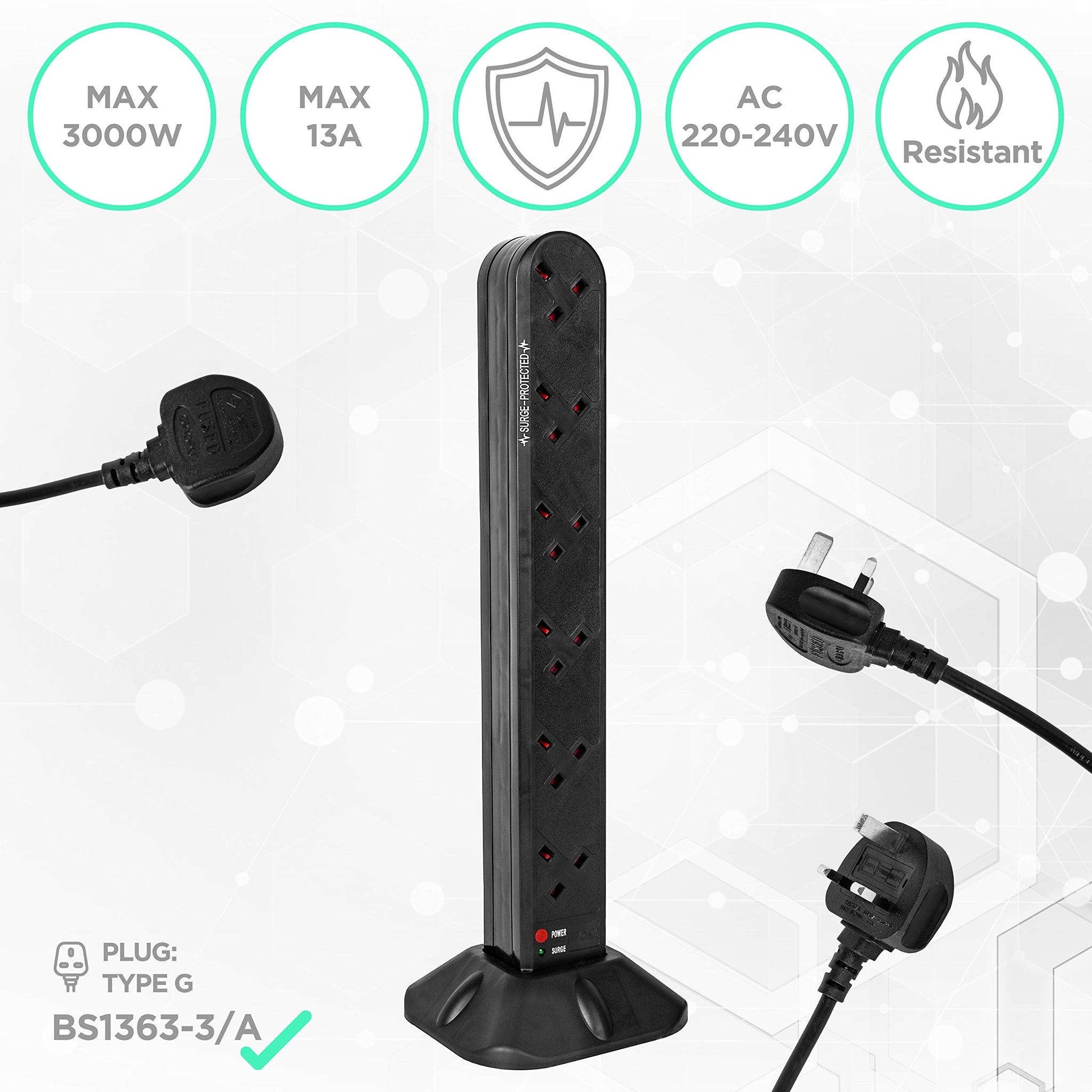 Duronic ST12B 12 sockets for UK plugs maximum wattage 3000W flame resistant for tv, gaming, laptop