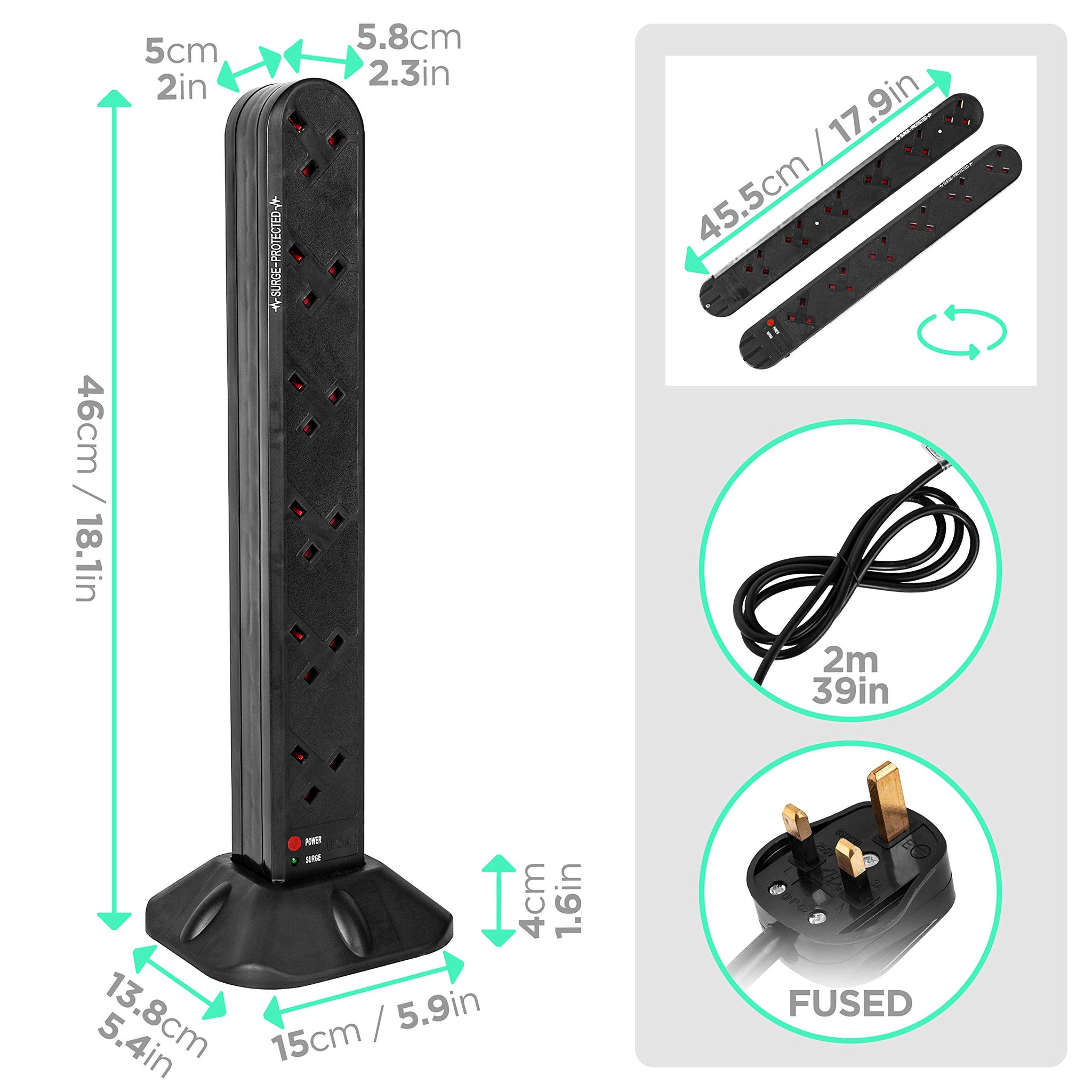 Duronic ST12B surge tower dimensions length, height, width, depth with UK BS plug