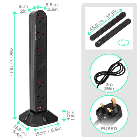 Duronic ST12B surge tower dimensions length, height, width, depth with UK BS plug
