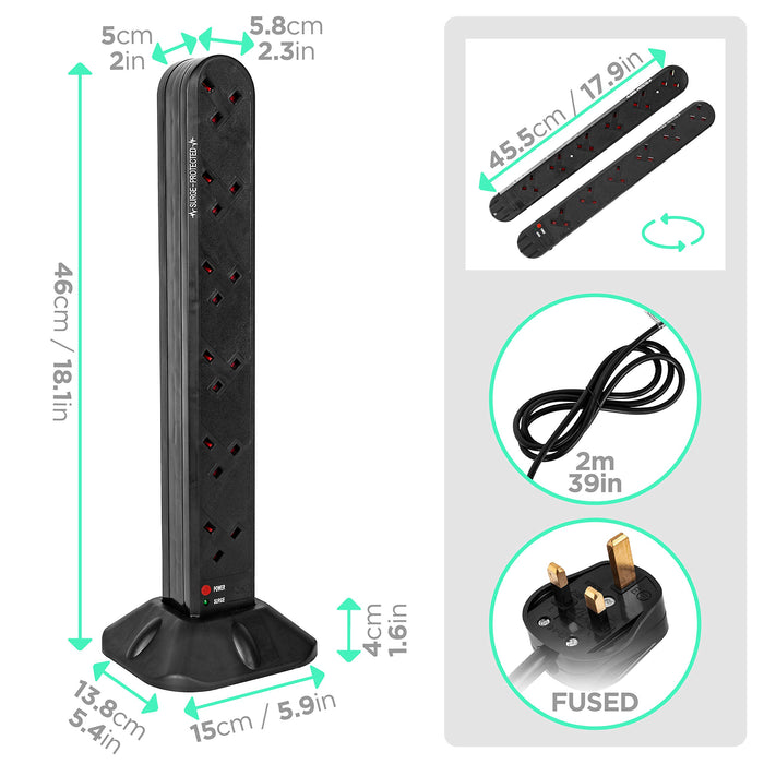 Duronic ST12B surge tower dimensions length, height, width, depth with UK BS plug