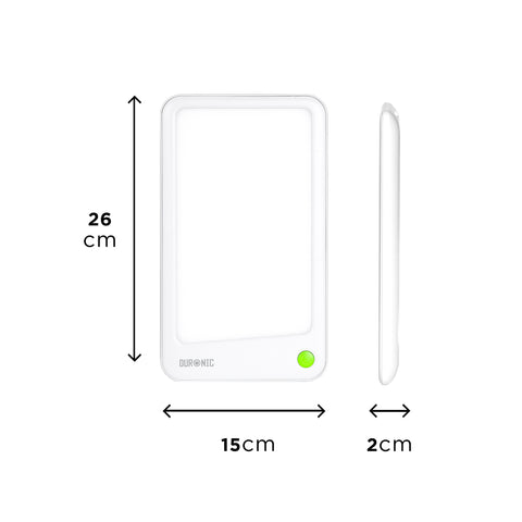 Duronic Sad Light Therapy Lamp Box showing front and side views with dimension measurements.