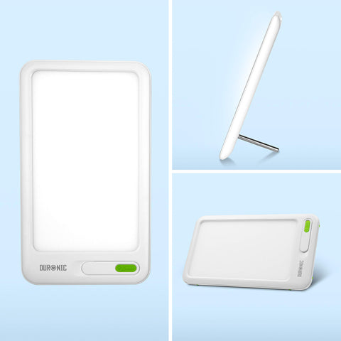 Duronic Sad Light Therapy Lamp Box shown from front, side profile, and horizontal orientation views.